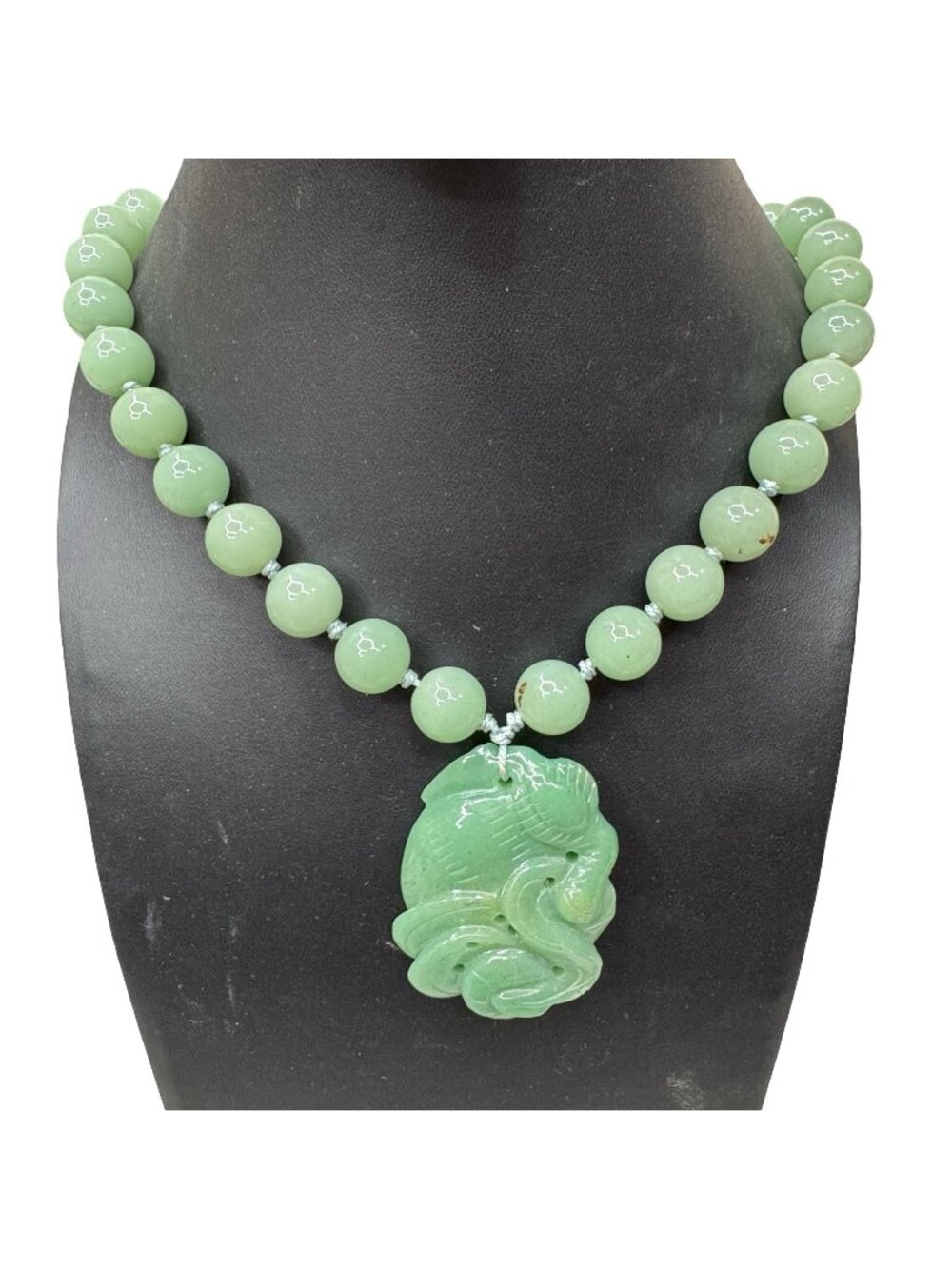 Vtg Green Jade Beaded Necklace Carved Pendant Sterling Silver Floral Clasp 25"